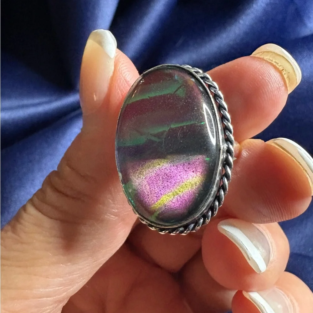 😎🌺Ring Dichroic Glass Stone Silver Blue Green Flash Statement - Picture 3 of 9